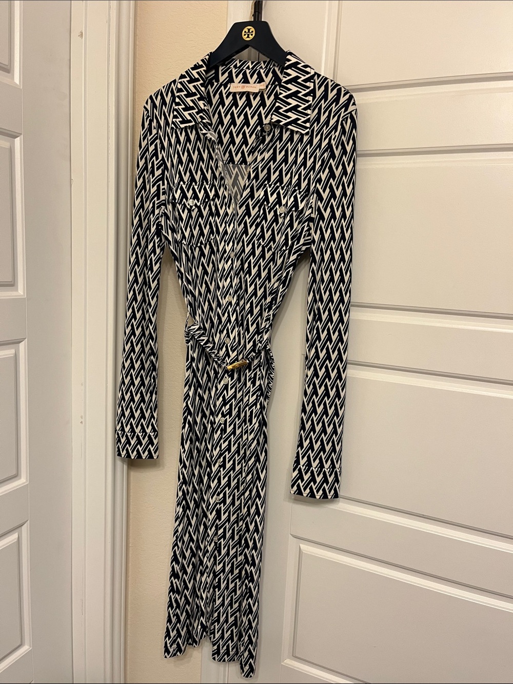 Tory Burch Black and White Geometric Long Sleeve Wrap Dress